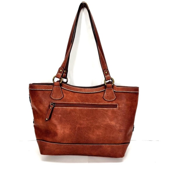 🍓B.O.C. Barn Concepts Shoulder Bag Purse, Tan Leather with Black Weave - Picture 7 of 7